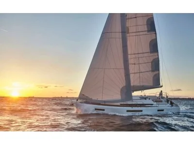 Exterior view of Aegeas, a Jeanneau Sun Odyssey 410 sailboat at Kavala, Greece
