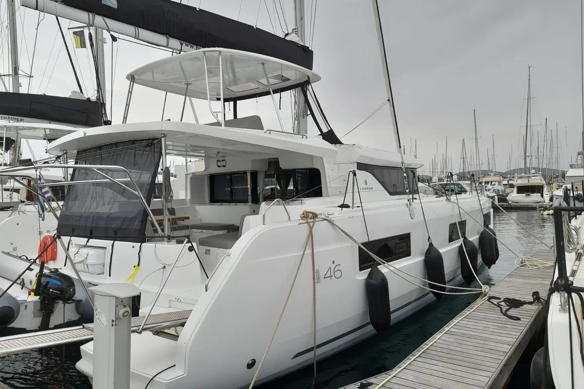 Exterior view of My Naughty Spirit, a Lagoon 46 catamaran at Municipal Unit of Ellomenos, Greece