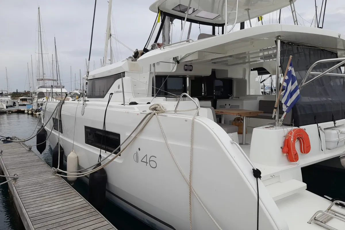 Exterior view of My Naughty Spirit, a Lagoon 46 catamaran at Municipal Unit of Ellomenos, Greece