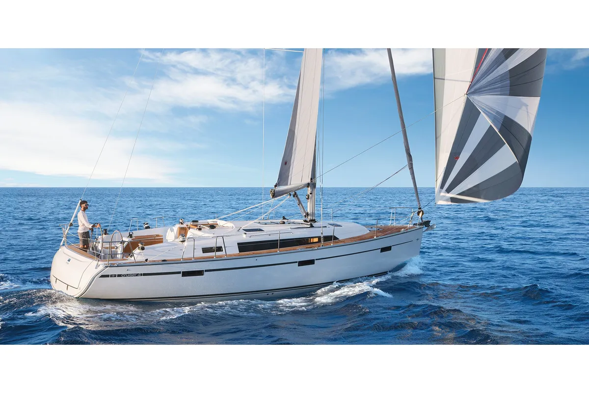 Exterior view of Extra Mile, a Bavaria Cruiser 41 sailboat at Portimão, Portugal