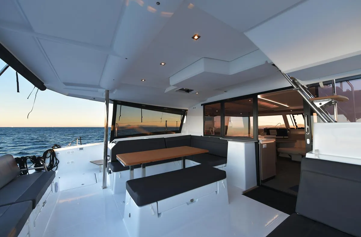 Deck of Eclipsea, a Fountaine Pajot Saona 47 catamaran at Athens, Greece