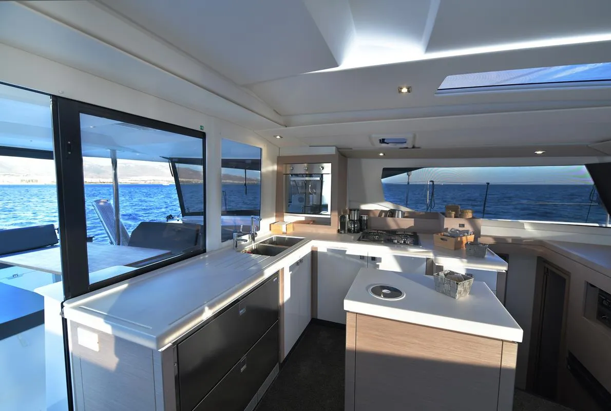 Galley of Eclipsea, a Fountaine Pajot Saona 47 catamaran at Athens, Greece