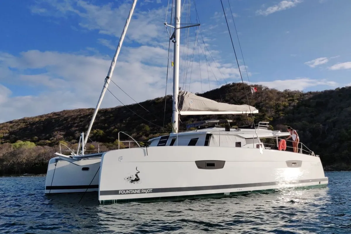 Exterior view of Eclipsea, a Fountaine Pajot Saona 47 catamaran at Athens, Greece