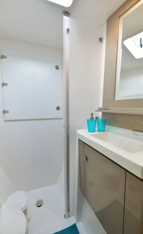 Head on Eclipsea, a Fountaine Pajot Saona 47 catamaran at Athens, Greece