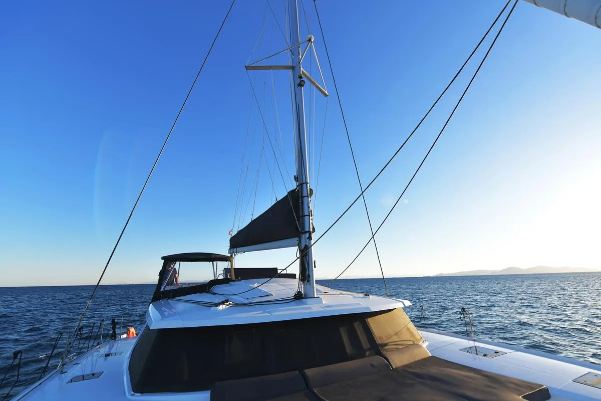 Deck of Eclipsea, a Fountaine Pajot Saona 47 catamaran at Athens, Greece