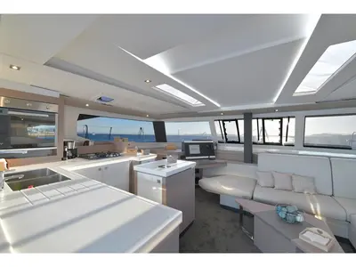 Salon of Eclipsea, a Fountaine Pajot Saona 47 catamaran at Athens, Greece