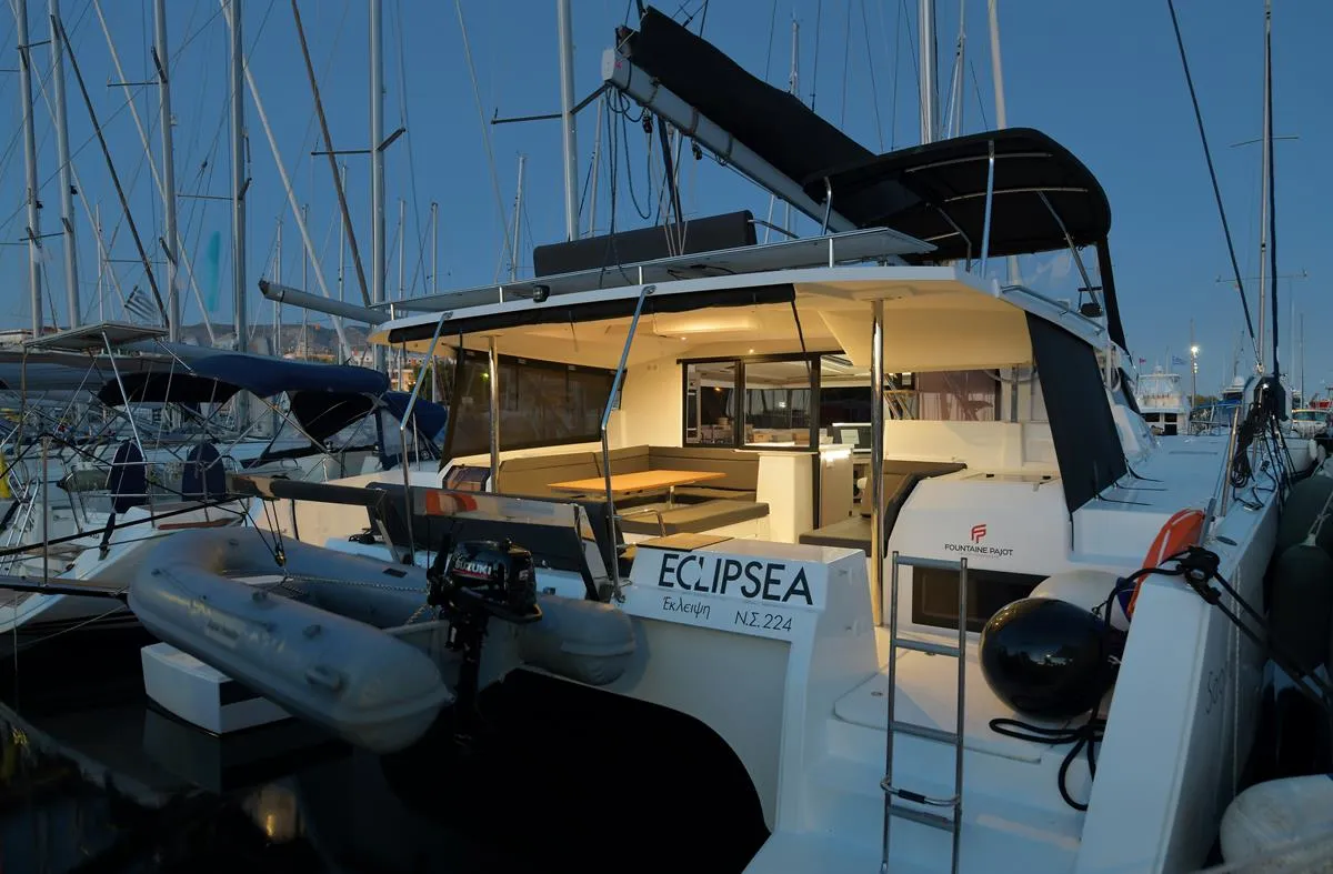 Exterior view of Eclipsea, a Fountaine Pajot Saona 47 catamaran at Athens, Greece
