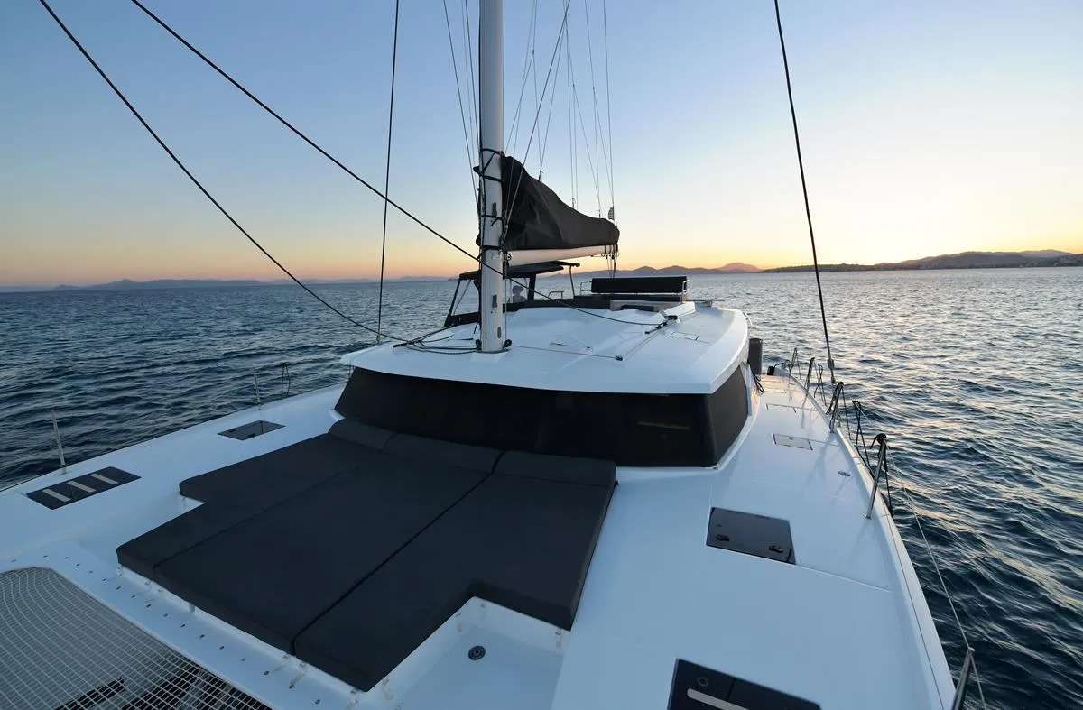 Deck of Eclipsea, a Fountaine Pajot Saona 47 catamaran at Athens, Greece