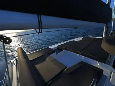Deck of Eclipsea, a Fountaine Pajot Saona 47 catamaran at Athens, Greece
