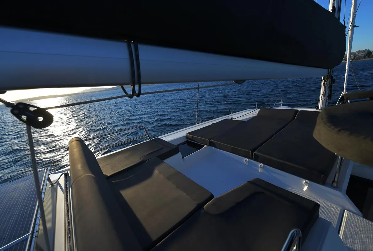 Deck of Eclipsea, a Fountaine Pajot Saona 47 catamaran at Athens, Greece