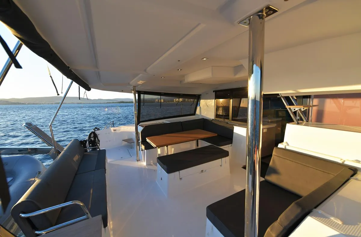 Deck of Eclipsea, a Fountaine Pajot Saona 47 catamaran at Athens, Greece