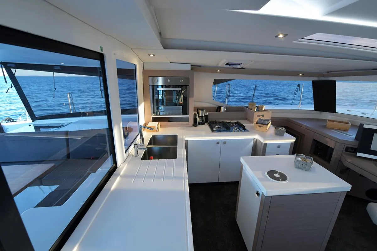 Galley of Eclipsea, a Fountaine Pajot Saona 47 catamaran at Athens, Greece