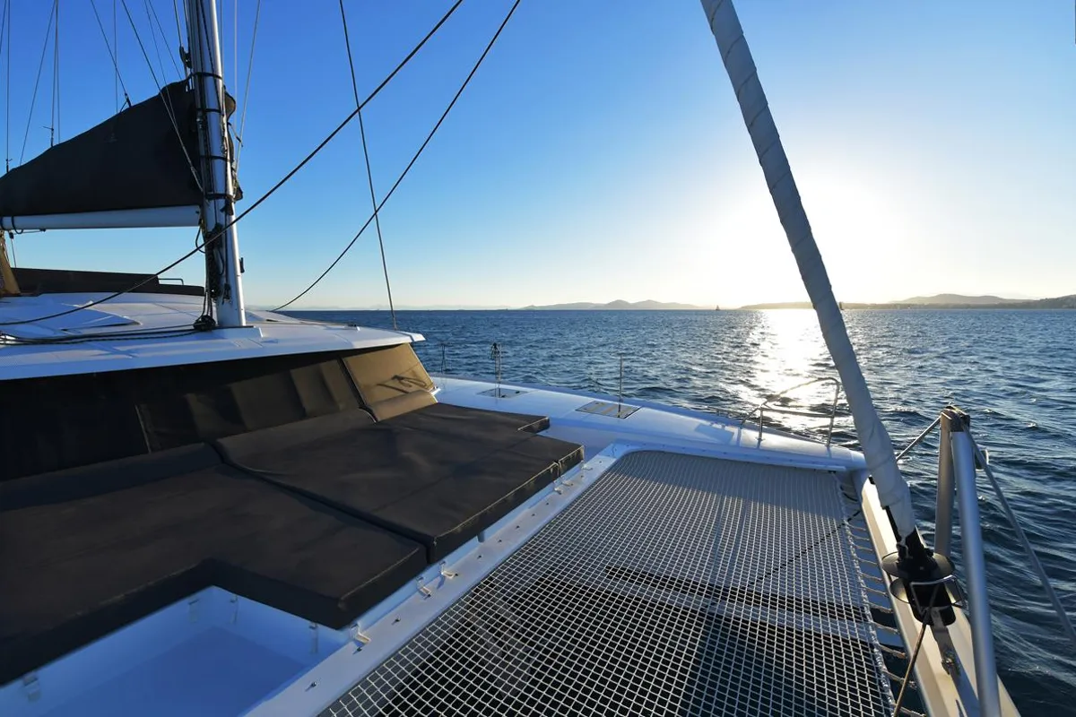 Deck of Eclipsea, a Fountaine Pajot Saona 47 catamaran at Athens, Greece