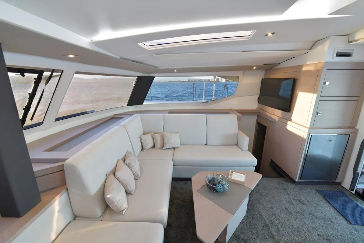 Salon of Eclipsea, a Fountaine Pajot Saona 47 catamaran at Athens, Greece