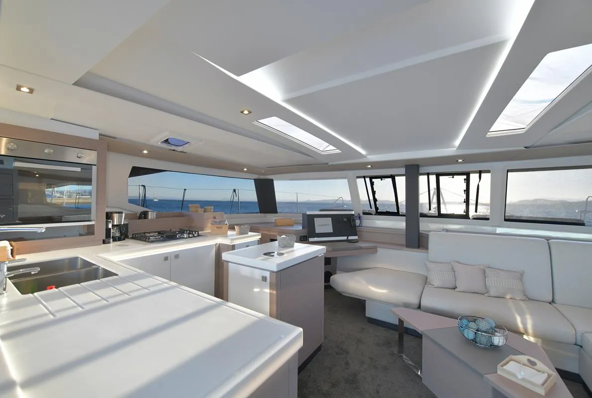 Salon of Eclipsea, a Fountaine Pajot Saona 47 catamaran at Athens, Greece