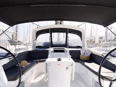 Cockpit of Nailah, a Beneteau Oceanis 46.1 sailboat at Kos, Greece