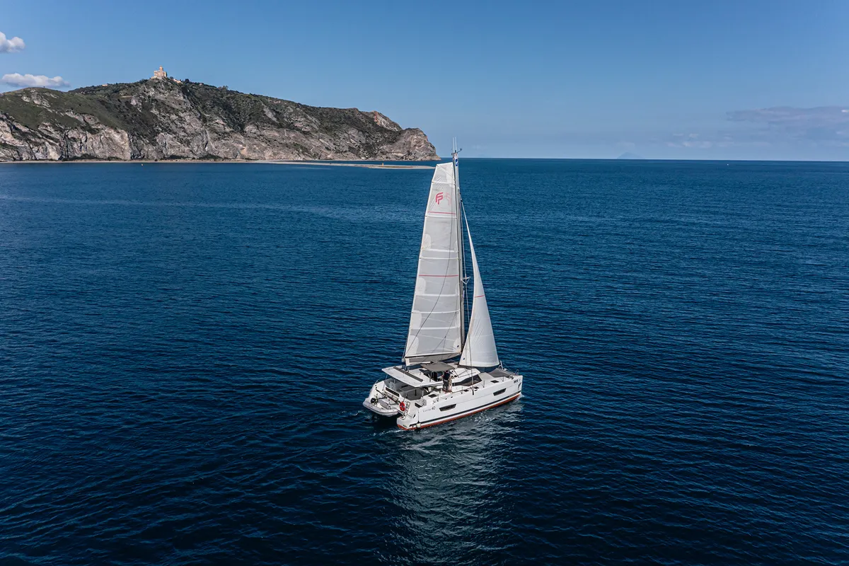 Exterior view of Relax Planet, a Fountaine Pajot Lucia 40 catamaran at Tonnarella, Italy