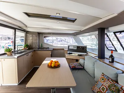Salon of Relax Planet, a Fountaine Pajot Lucia 40 catamaran at Tonnarella, Italy