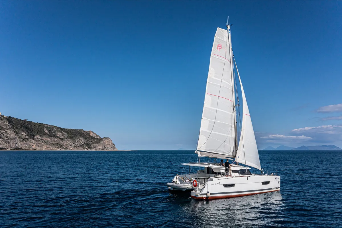 Exterior view of Relax Planet, a Fountaine Pajot Lucia 40 catamaran at Tonnarella, Italy
