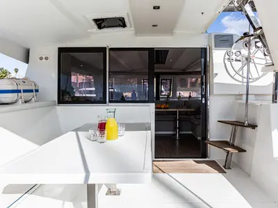 Deck of Relax Planet, a Fountaine Pajot Lucia 40 catamaran at Tonnarella, Italy