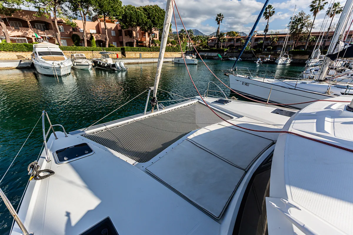 Deck of Relax Planet, a Fountaine Pajot Lucia 40 catamaran at Tonnarella, Italy