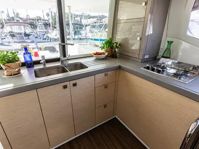 Galley of Relax Planet, a Fountaine Pajot Lucia 40 catamaran at Tonnarella, Italy