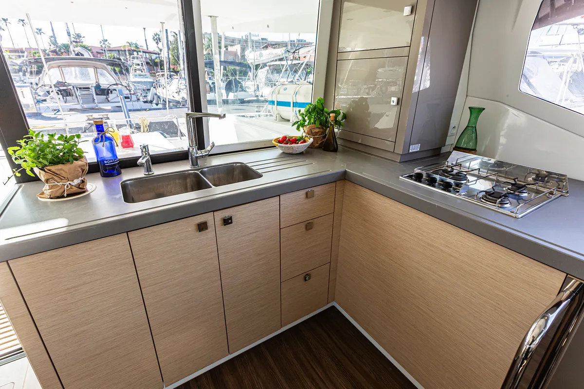 Galley of Relax Planet, a Fountaine Pajot Lucia 40 catamaran at Tonnarella, Italy