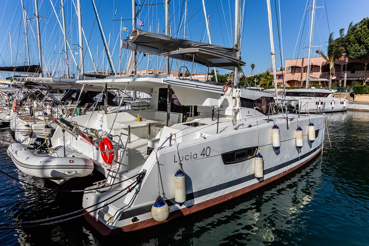 Exterior view of Relax Planet, a Fountaine Pajot Lucia 40 catamaran at Tonnarella, Italy