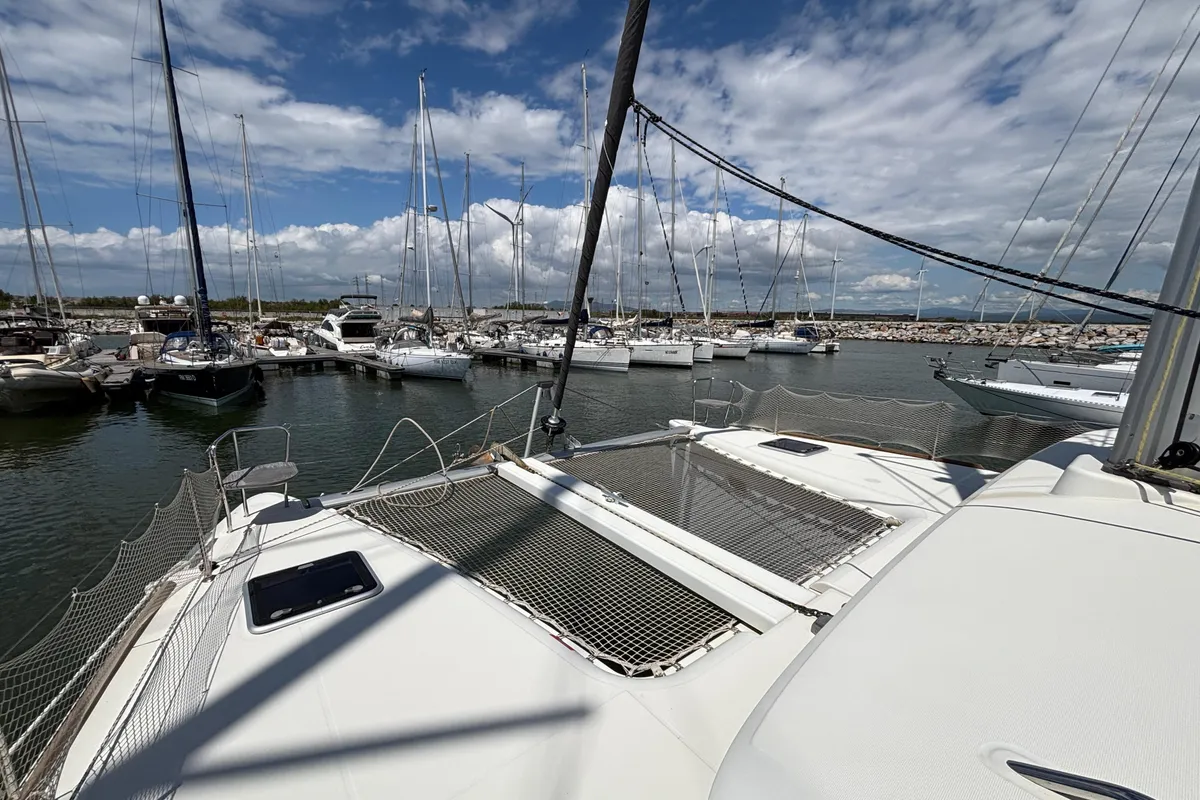 Deck of Aragorn, a Lagoon 400 S2 catamaran at Piombino, Italy