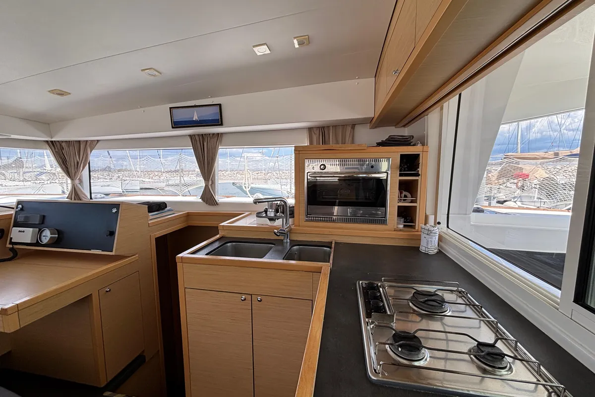 Galley of Aragorn, a Lagoon 400 S2 catamaran at Piombino, Italy