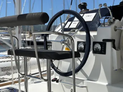 Cockpit of Aragorn, a Lagoon 400 S2 catamaran at Piombino, Italy