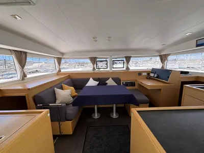 Salon of Aragorn, a Lagoon 400 S2 catamaran at Piombino, Italy