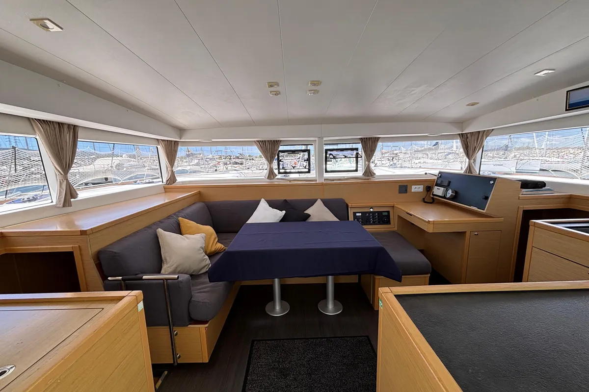 Salon of Aragorn, a Lagoon 400 S2 catamaran at Piombino, Italy