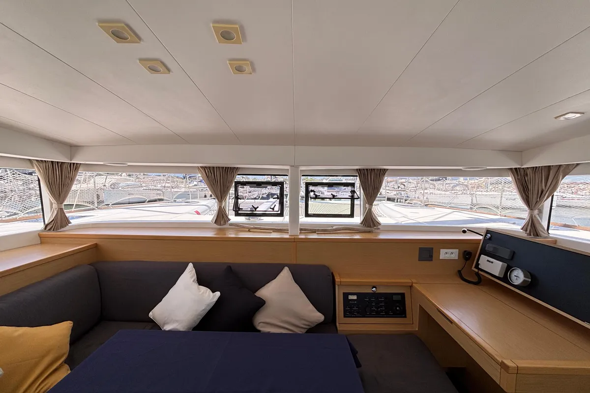 Salon of Aragorn, a Lagoon 400 S2 catamaran at Piombino, Italy