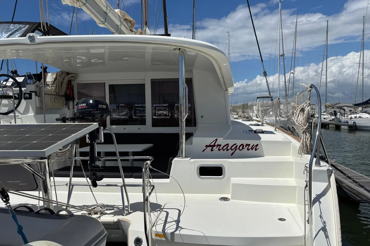 Exterior view of Aragorn, a Lagoon 400 S2 catamaran at Piombino, Italy