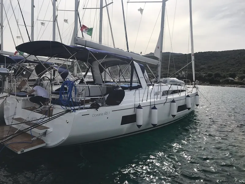 Exterior view of Becrux, a Beneteau Oceanis 46.1 sailboat at Tonnarella, Italy