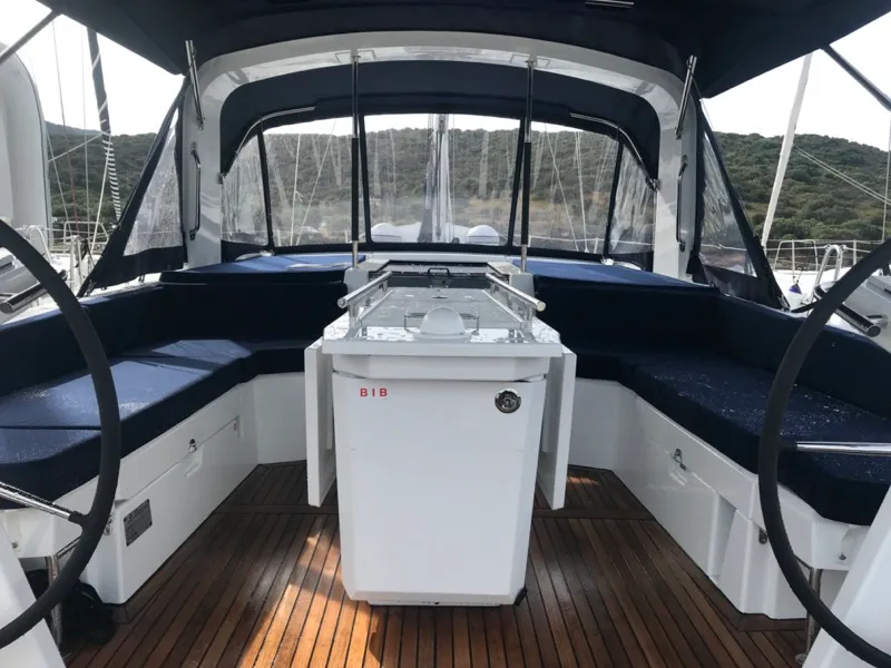 Cockpit of Becrux, a Beneteau Oceanis 46.1 sailboat at Tonnarella, Italy