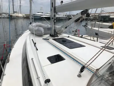 Deck of Sea Wonder II, a Bavaria Cruiser 46 sailboat at Kontokali, Greece