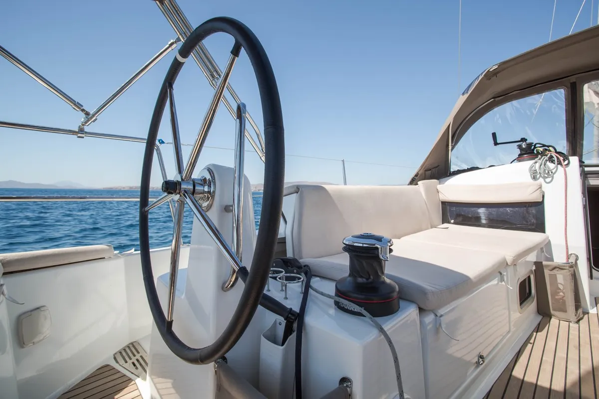 Cockpit of Deep Water, a Jeanneau Sun Odyssey 440 sailboat at Athens, Greece