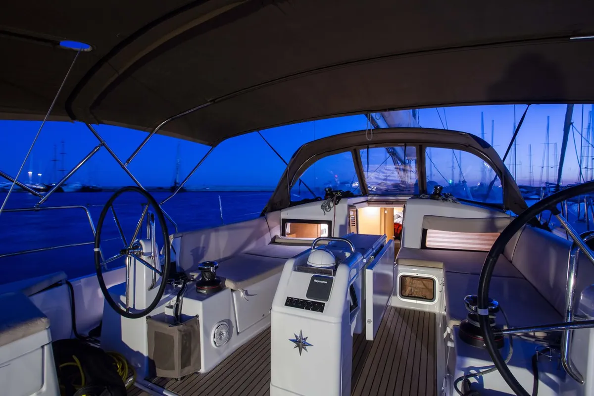 Cockpit of Deep Water, a Jeanneau Sun Odyssey 440 sailboat at Athens, Greece