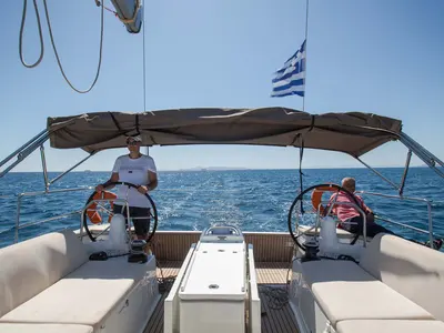 Cockpit of Deep Water, a Jeanneau Sun Odyssey 440 sailboat at Athens, Greece