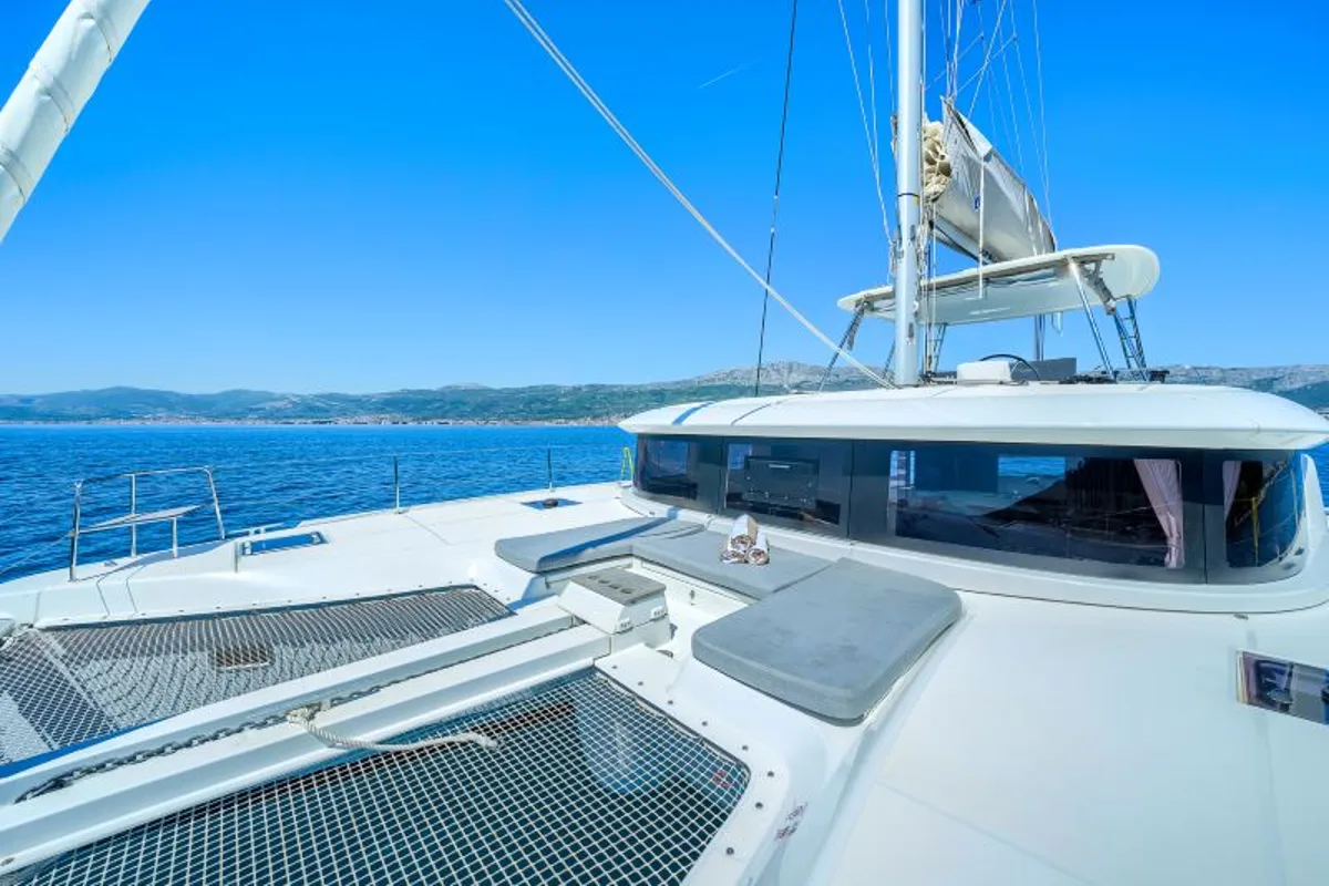 Deck of ADRION, a Lagoon 46 catamaran at Grad Kaštela, Croatia