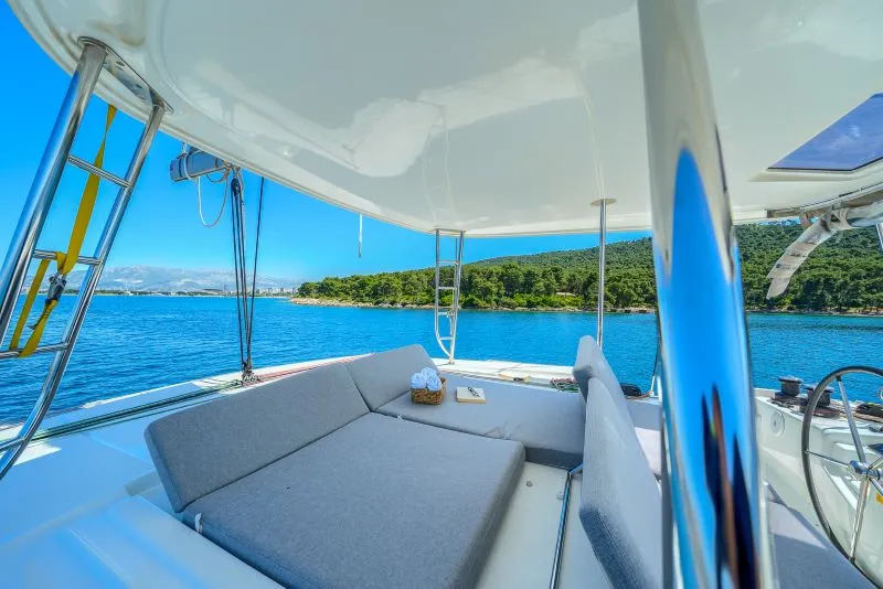 Deck of ADRION, a Lagoon 46 catamaran at Grad Kaštela, Croatia
