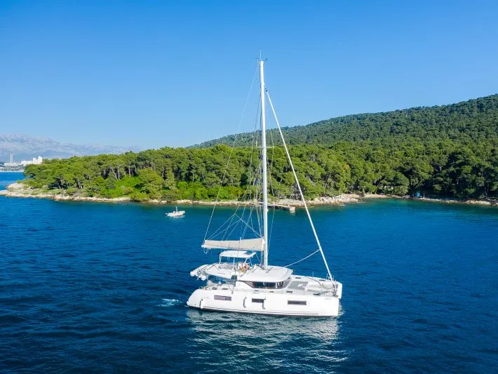 Exterior view of ADRION, a Lagoon 46 catamaran at Grad Kaštela, Croatia