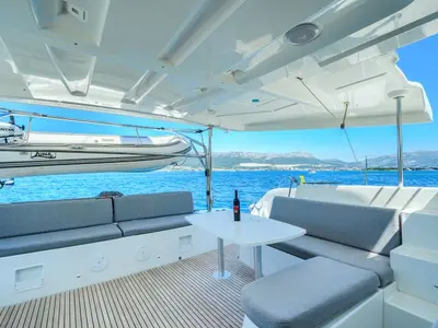 Deck of ADRION, a Lagoon 46 catamaran at Grad Kaštela, Croatia