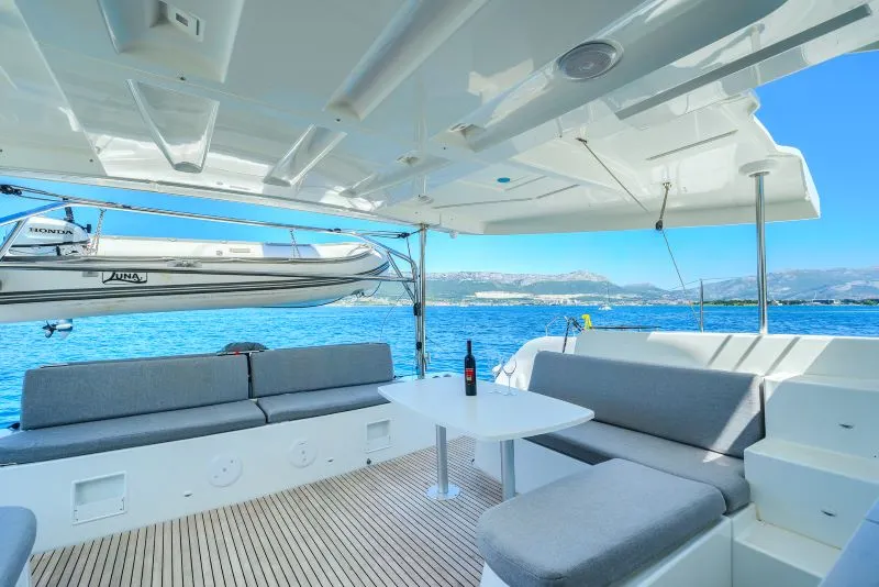 Deck of ADRION, a Lagoon 46 catamaran at Grad Kaštela, Croatia