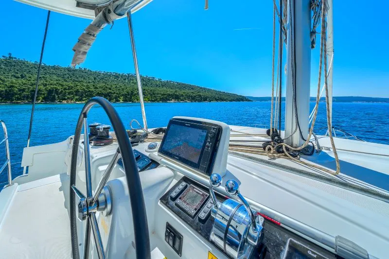 Cockpit of ADRION, a Lagoon 46 catamaran at Grad Kaštela, Croatia