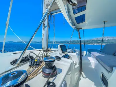 Cockpit of ADRION, a Lagoon 46 catamaran at Grad Kaštela, Croatia