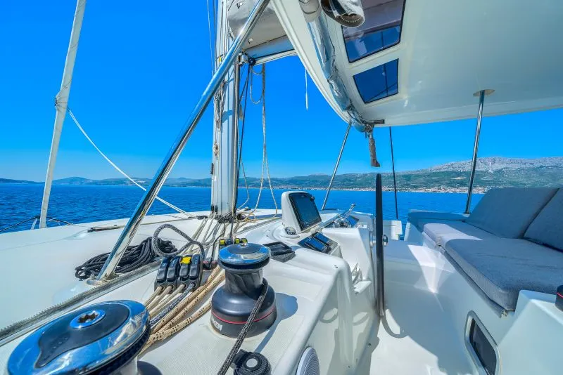 Cockpit of ADRION, a Lagoon 46 catamaran at Grad Kaštela, Croatia