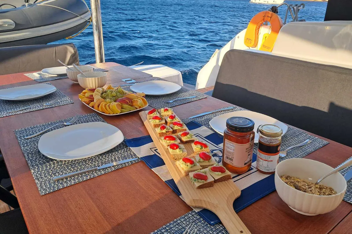 Deck of Mythos, a Lagoon 51 catamaran at Lavreotiki, Greece